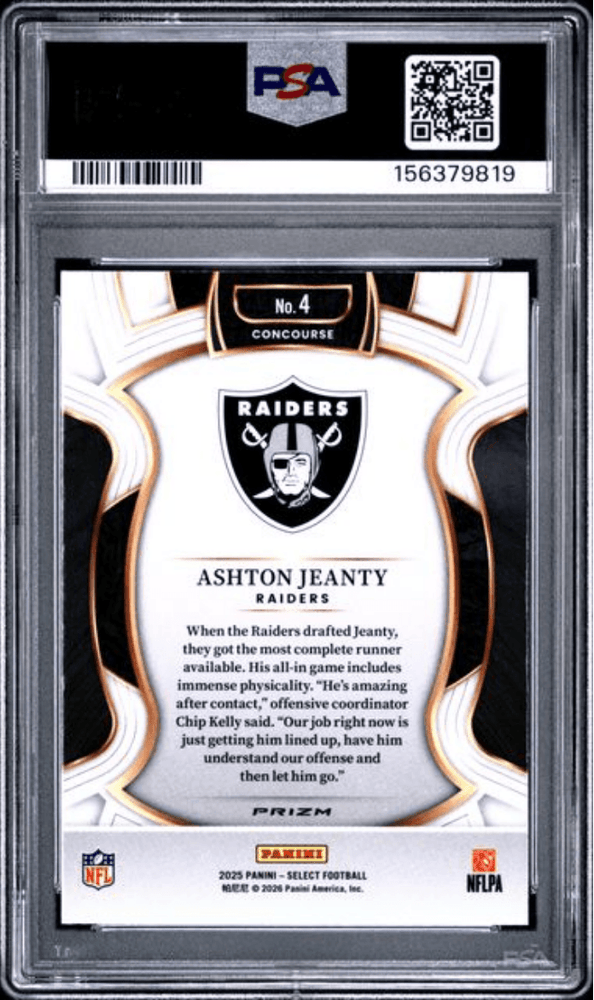 Graded 2025 Panini Select Ashton Jeanty #4 Green & Yellow Shock Rookie RC Football Card PSA 10 Gem Mint (ONLINE ORDER ONLY)