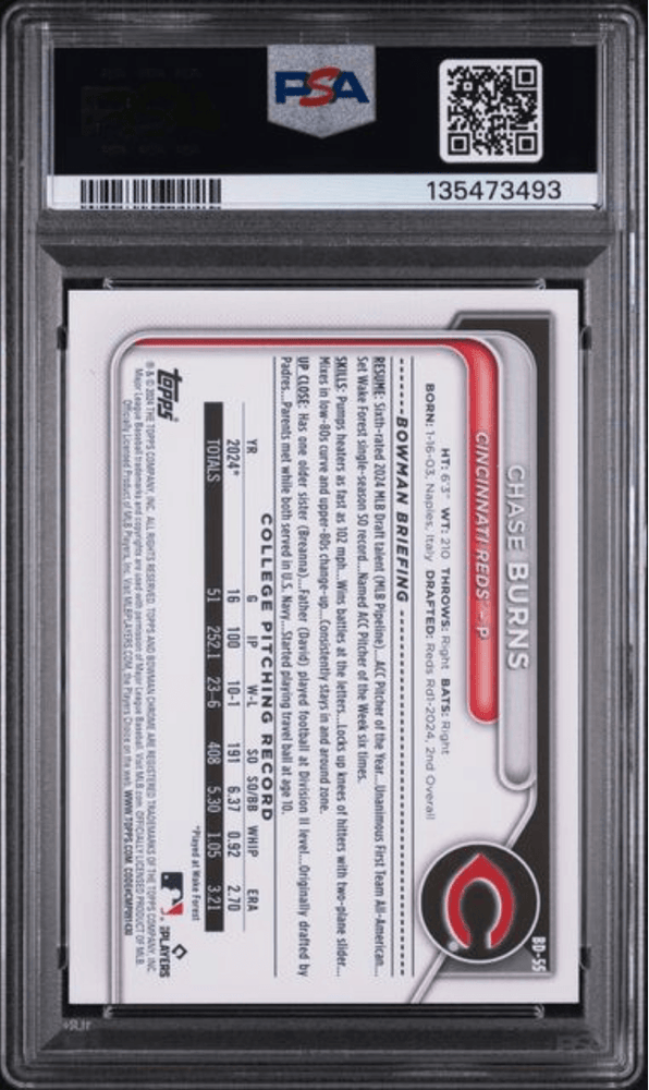 Graded 2024 Topps Bowman Draft Chase Burns #BD55 Rookie RC Baseball Card PSA 9 Mint (ONLINE ORDER ONLY)