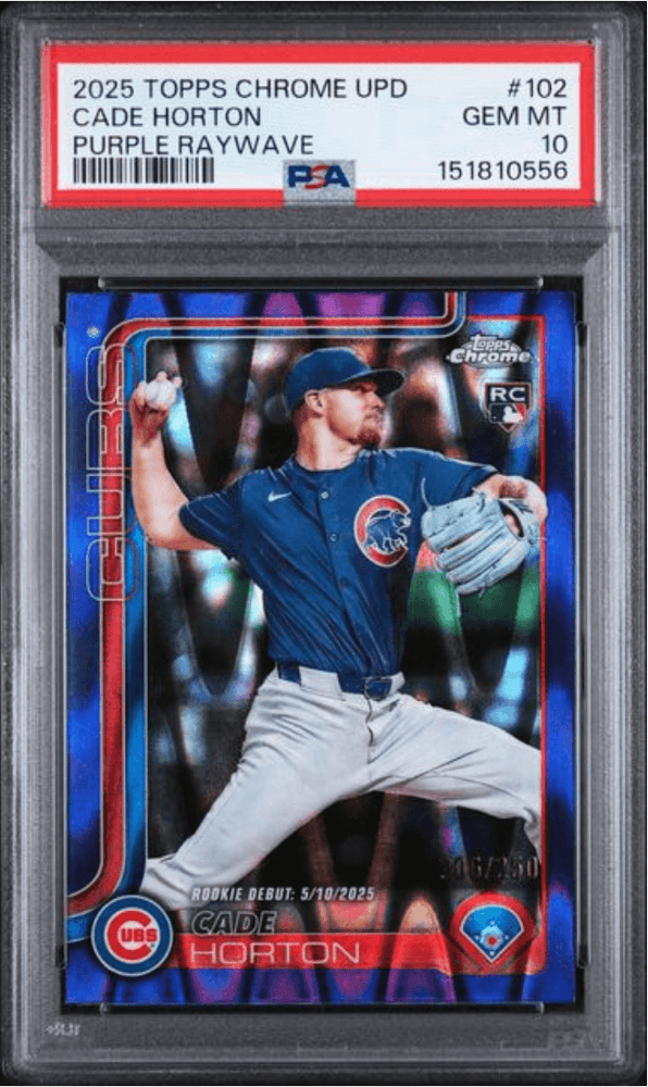 Graded 2025 Topps Chrome Update Cade Horton #102 Purple Raywave /250 Rookie RC Baseball Card PSA 10 Gem Mint (ONLINE ORDER ONLY)