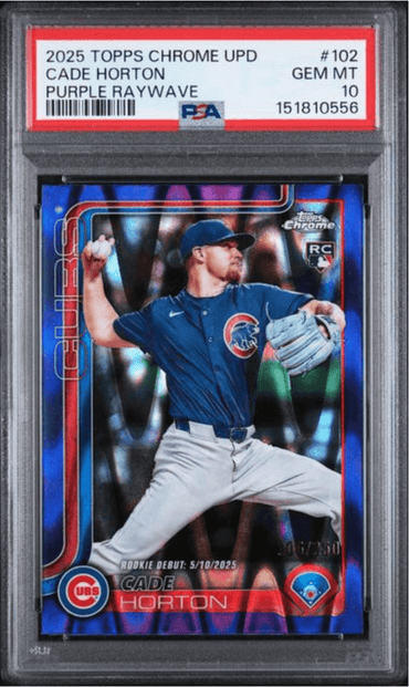 Graded 2025 Topps Chrome Update Cade Horton #102 Purple Raywave /250 Rookie RC Baseball Card PSA 10 Gem Mint (ONLINE ORDER ONLY)