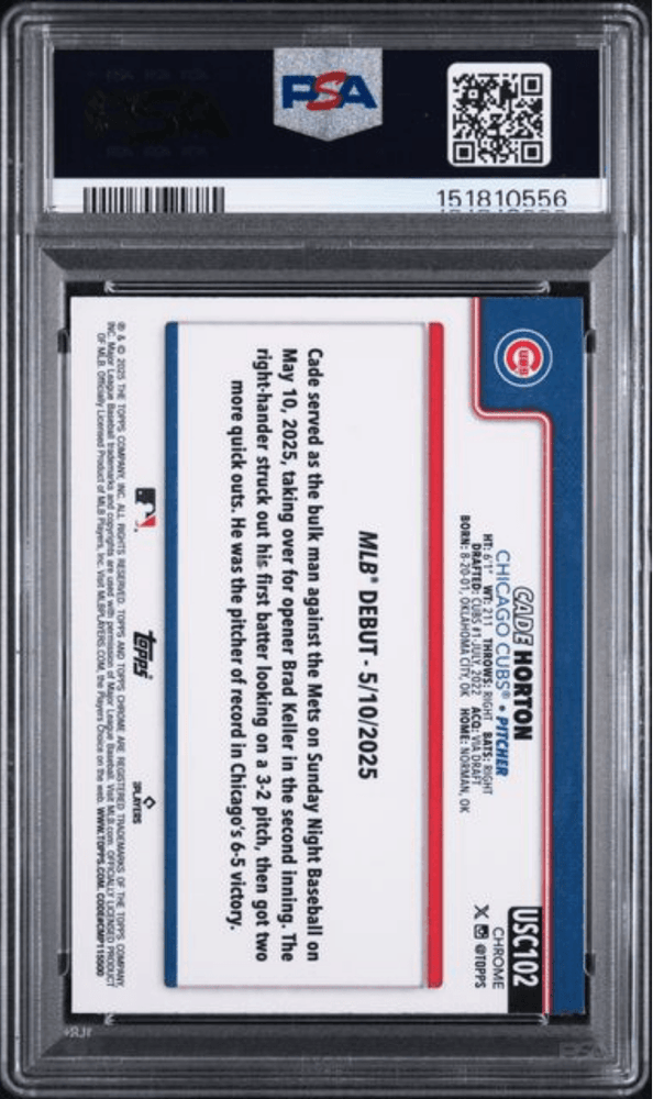 Graded 2025 Topps Chrome Update Cade Horton #102 Purple Raywave /250 Rookie RC Baseball Card PSA 10 Gem Mint (ONLINE ORDER ONLY)