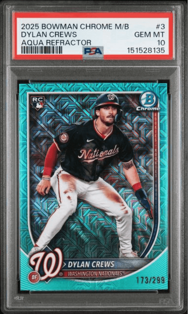 Graded 2025 Topps Bowman Chrome Mega Box Dylan Crews #3 Aqua Refractor /299 Rookie RC Baseball Card PSA 10 Gem Mint (ONLINE ORDER ONLY)