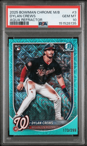 Graded 2025 Topps Bowman Chrome Mega Box Dylan Crews #3 Aqua Refractor /299 Rookie RC Baseball Card PSA 10 Gem Mint (ONLINE ORDER ONLY)