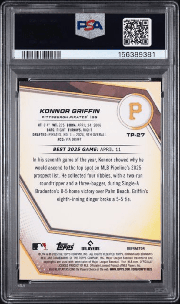 Graded 2025 Topps Bowman's Best Konnor Griffin #TP27 Top Prospects Refractor Rookie RC Baseball Card PSA 10 Gem Mint (ONLINE ORDER ONLY)