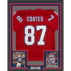 Framed Autographed/Signed Ben Coates 35x39 New England Red Football Jersey JSA COA