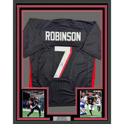 Framed Autographed/Signed Bijan Robinson 35x39 Atlanta Black Football Jersey Beckett BAS COA