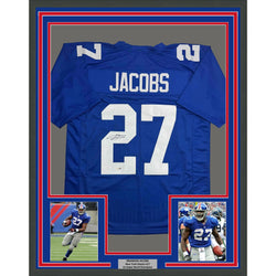 Framed Autographed/Signed Brandon Jacobs 35x39 New York Blue Football Jersey Beckett BAS COA