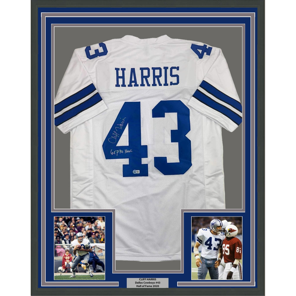 Framed Autographed/Signed Cliff Harris 35x39 Dallas White Football Jersey Beckett BAS COA