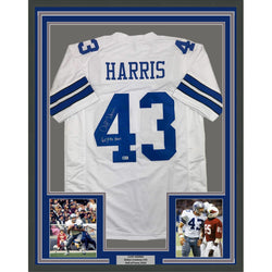 Framed Autographed/Signed Cliff Harris 35x39 Dallas White Football Jersey Beckett BAS COA