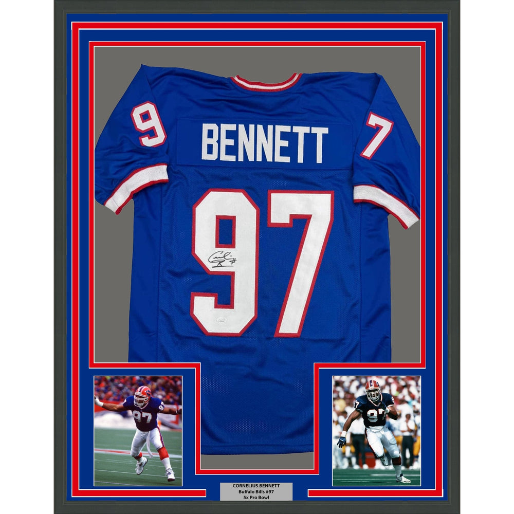Framed Autographed/Signed Cornelius Bennett 35x39 Buffalo Blue Football Jersey JSA COA