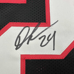 Framed Autographed/Signed Devonta Freeman 35x39 Atlanta Retro Black Football Jersey Beckett BAS COA
