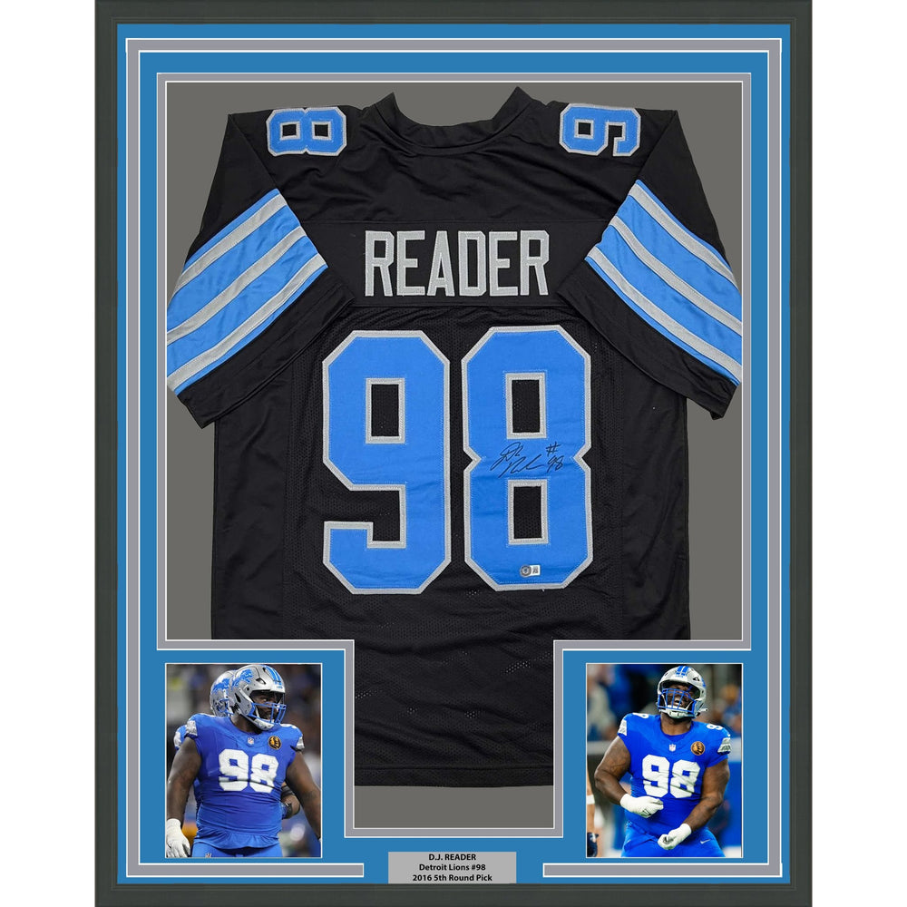 Framed Autographed/Signed D.J. DJ Reader 35x39 Detroit Black Football Jersey Beckett BAS COA