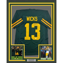 Framed Autographed/Signed Dontayvion Wicks 35x39 Green Bay Color Rush Football Jersey JSA COA