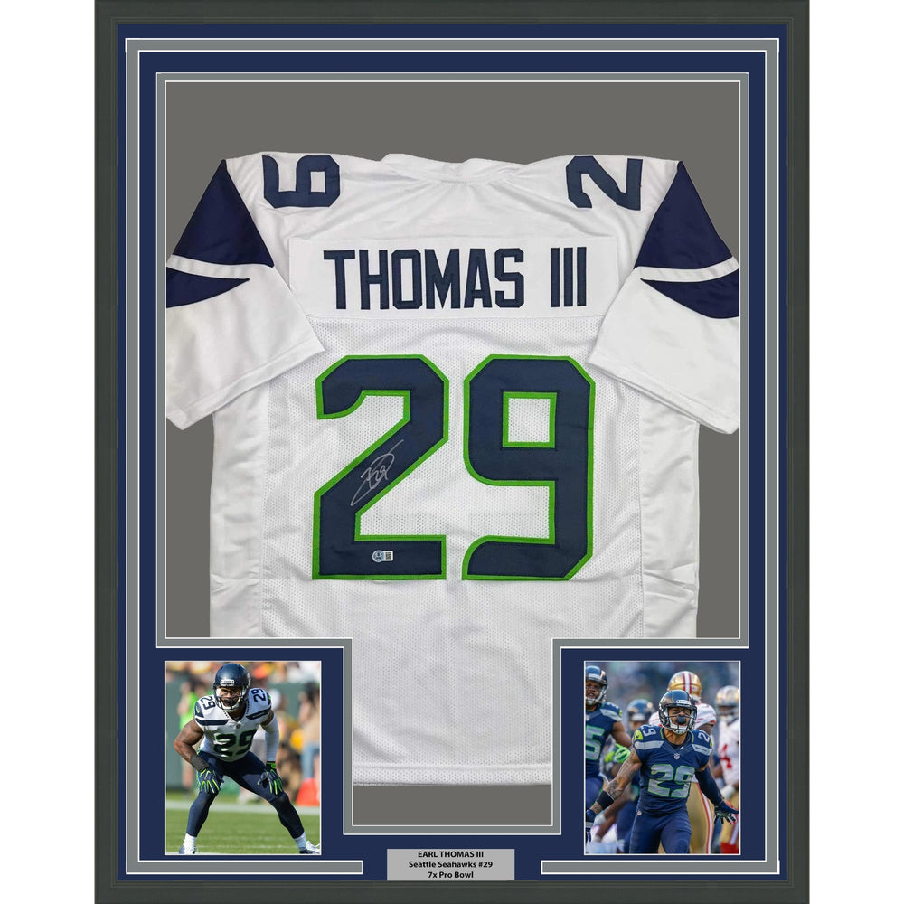 Framed Autographed/Signed Earl Thomas III 35x39 Seattle White Football Jersey Beckett BAS COA
