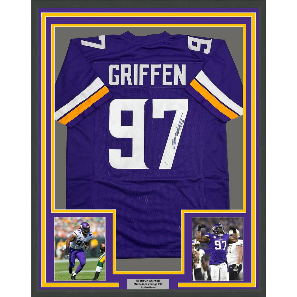 Framed Autographed/Signed Everson Griffen 35x39 Minnesota Purple Football Jersey JSA COA
