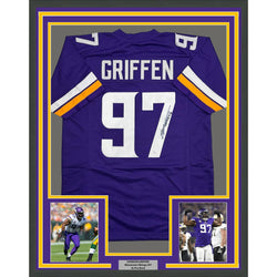 Framed Autographed/Signed Everson Griffen 35x39 Minnesota Purple Football Jersey JSA COA
