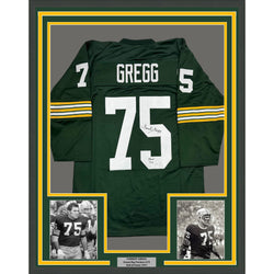 Framed Autographed/Signed Forrest Gregg HOF 77 35x39 Green Bay Green Football Jersey JSA COA