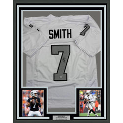 Framed Autographed/Signed Geno Smith 35x39 Oakland White Color Rush Football Jersey Beckett BAS COA