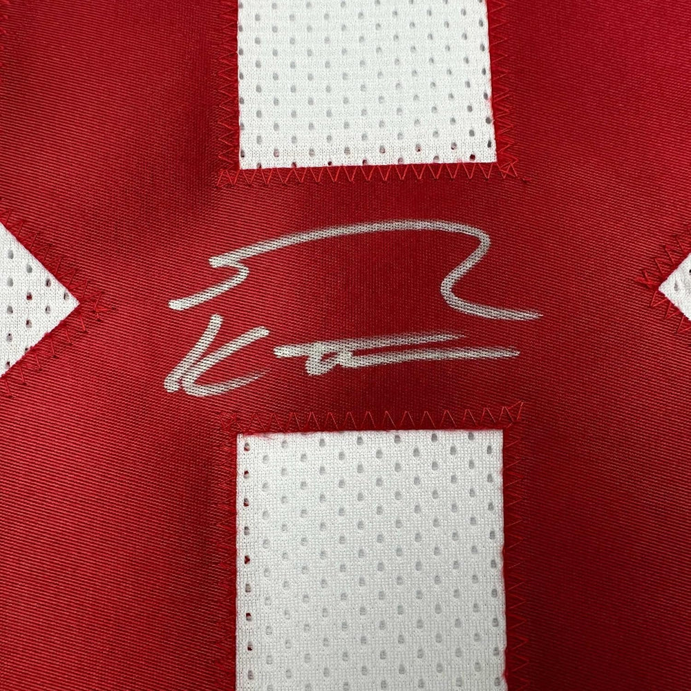 Framed Autographed/Signed George Kittle 35x39 San Francisco White Football Jersey Beckett BAS COA