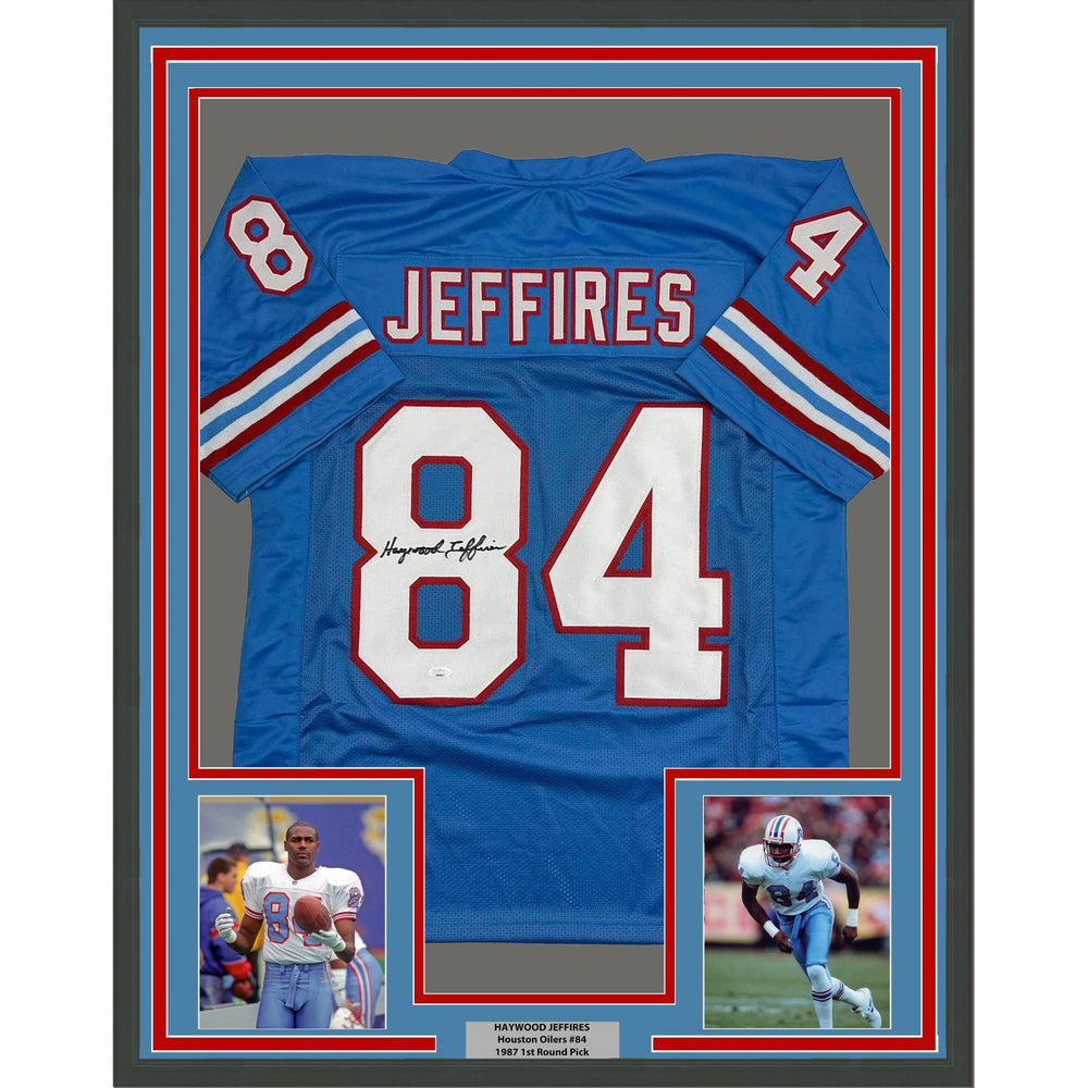 Framed Autographed/Signed Haywood Jeffires 35x39 Tennessee Retro Light Blue Football Jersey JSA COA