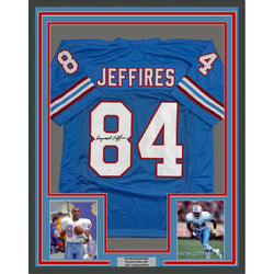 Framed Autographed/Signed Haywood Jeffires 35x39 Tennessee Retro Light Blue Football Jersey JSA COA