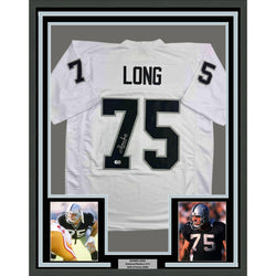 Framed Autographed/Signed Howie Long 35x39 Oakland White Football Jersey Beckett BAS COA