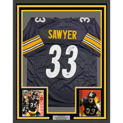 Framed Autographed/Signed Jack Sawyer 35x39 Pittsburgh Black Football Jersey Beckett BAS COA