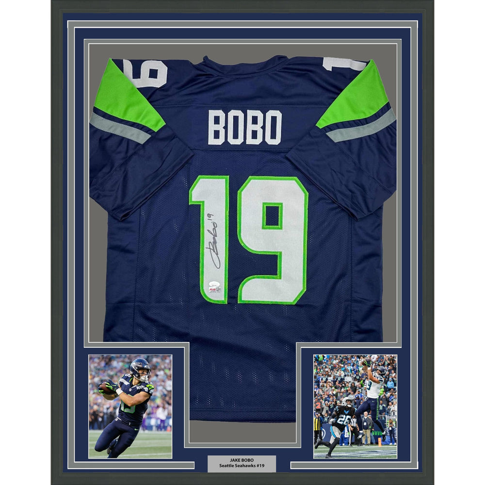 Framed Autographed/Signed Jake Bobo 35x39 Seattle Blue Football Jersey JSA COA
