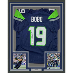 Framed Autographed/Signed Jake Bobo 35x39 Seattle Blue Football Jersey JSA COA