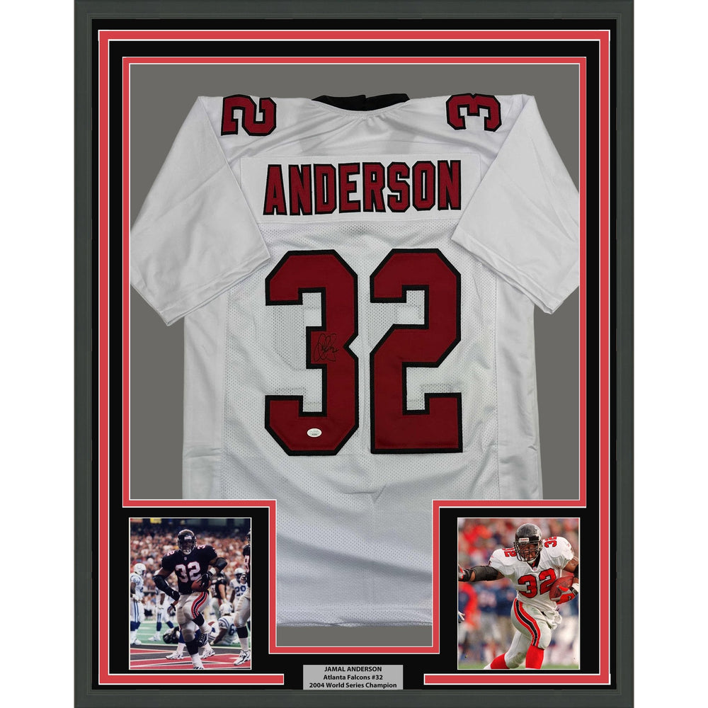Framed Autographed/Signed Jamal Anderson 35x39 Atlanta White Football Jersey JSA COA
