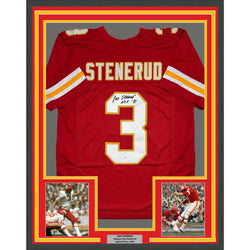 Framed Autographed/Signed Jan Stenerud 35x39 HOF 91 Kansas City Red Football Jersey JSA COA