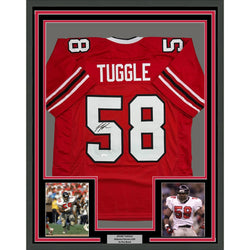 Framed Autographed/Signed Jessie Tuggle 35x39 Atlanta Red Football Jersey JSA COA