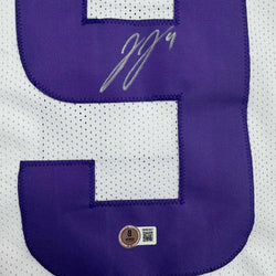 Framed Autographed/Signed J.J. JJ McCarthy 35x39 Minnesota White Football Jersey Beckett BAS COA