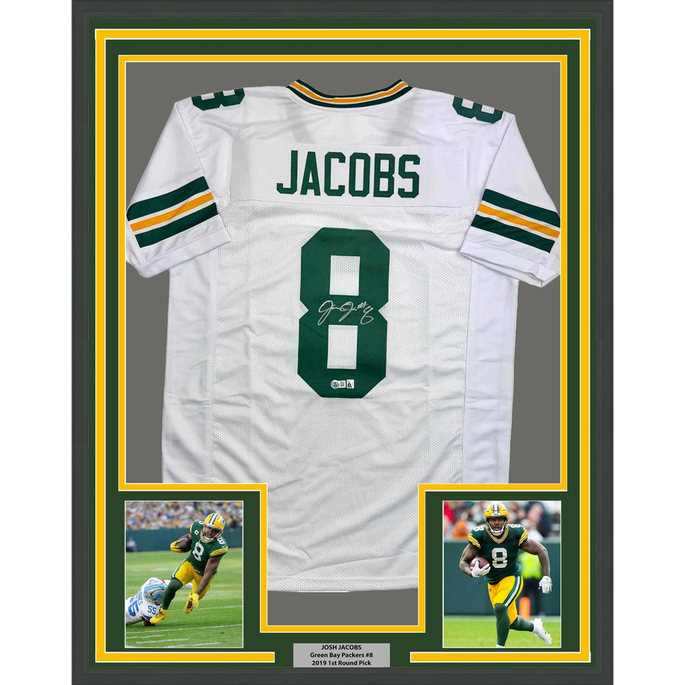 Framed Autographed/Signed Josh Jacobs 35x39 Green Bay White Football Jersey Beckett BAS COA