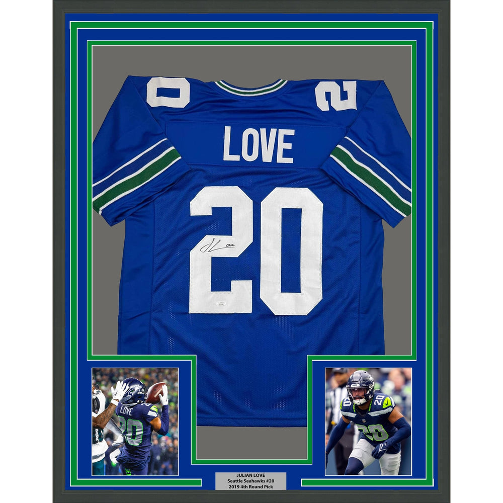 Framed Autographed/Signed Julian Love 35x39 Seattle Blue Retro Football Jersey JSA COA