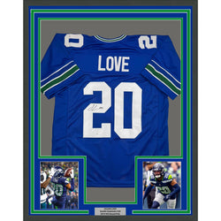 Framed Autographed/Signed Julian Love 35x39 Seattle Blue Retro Football Jersey JSA COA