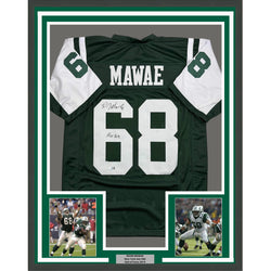 Framed Autographed/Signed Kevin Mawae 35x39 HOF 2019 New York Green Football Jersey Beckett BAS COA