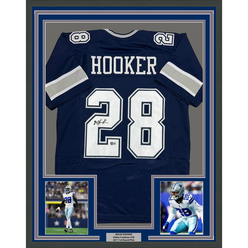 Framed Autographed/Signed Malik Hooker 35x39 Dallas Blue Football Jersey Beckett BAS COA