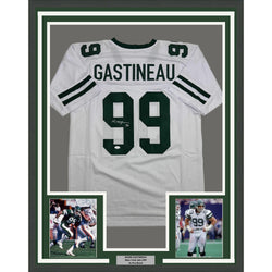 Framed Autographed/Signed Mark Gastineau 35x39 New York White Football Jersey JSA COA
