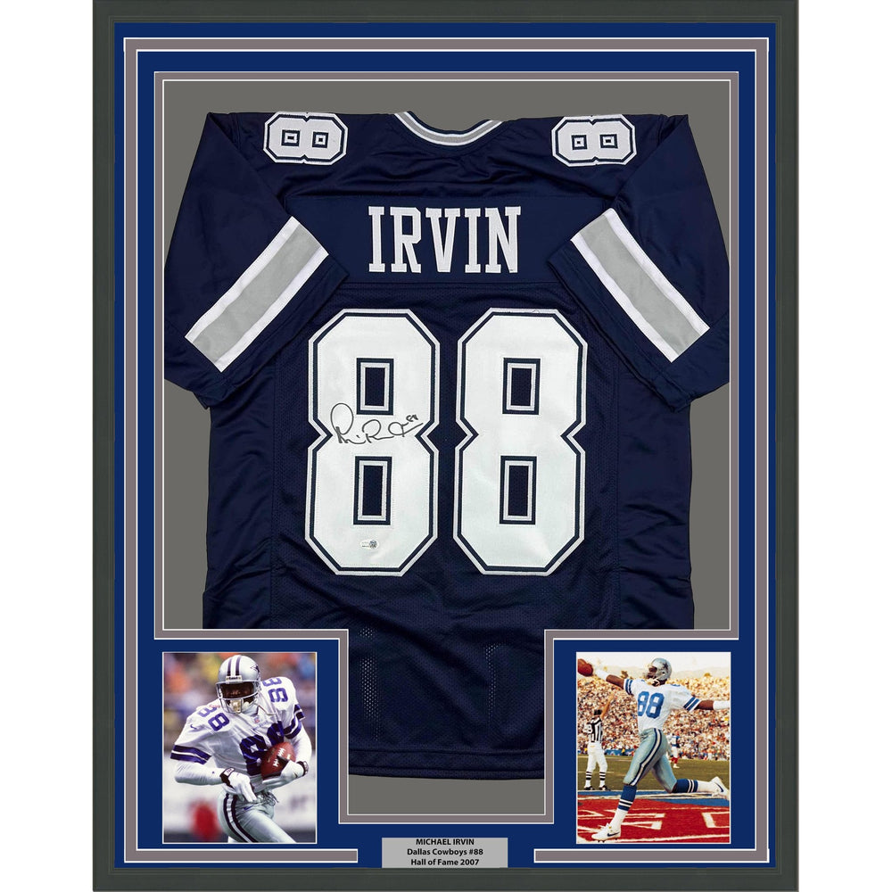 Framed Autographed/Signed Michael Irvin 35x39 Dallas Blue Football Jersey JSA COA