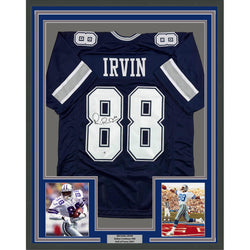 Framed Autographed/Signed Michael Irvin 35x39 Dallas Blue Football Jersey JSA COA
