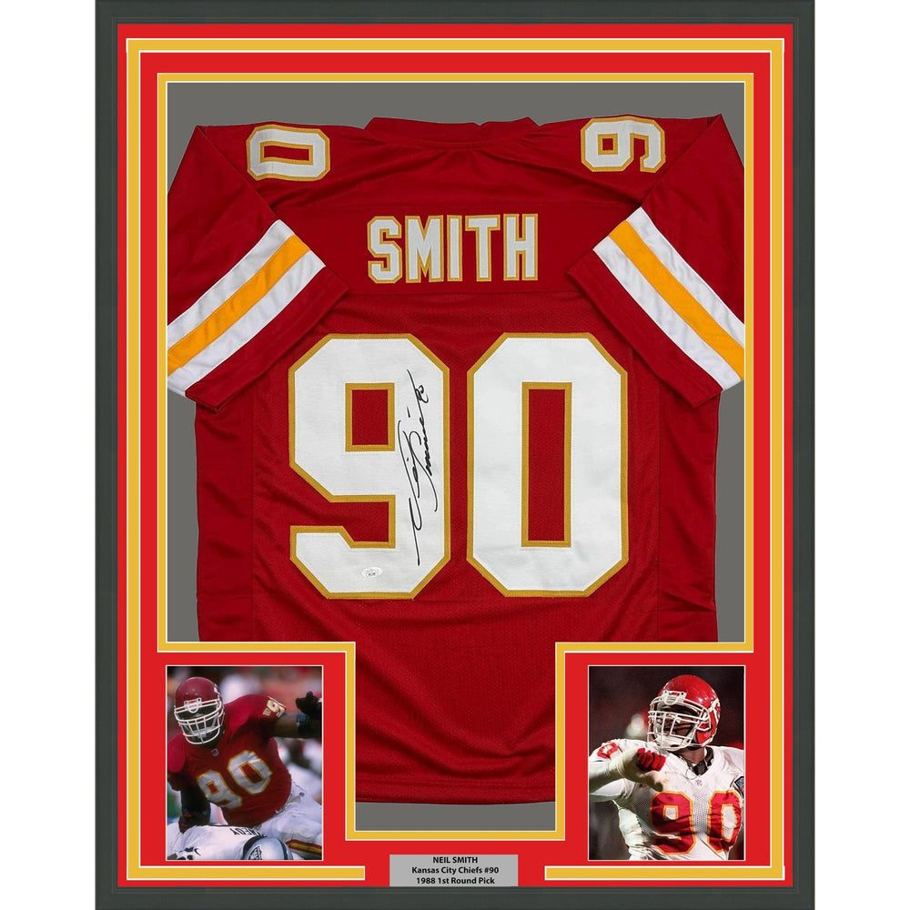 Framed Autographed/Signed Neil Smith 35x39 Kansas City Red Football Jersey JSA COA