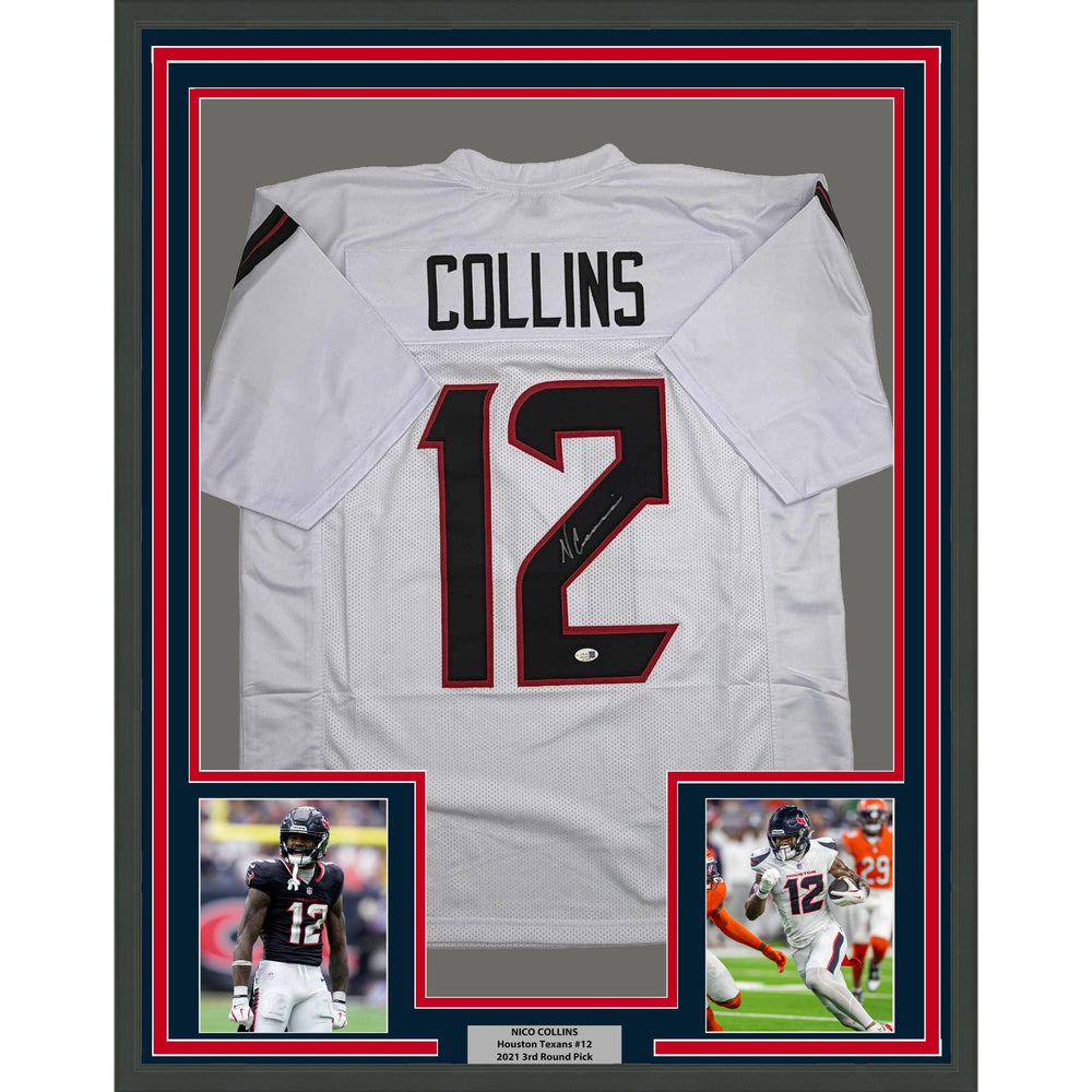 Framed Autographed/Signed Nico Collins 35x39 Houston White Football Jersey JSA COA