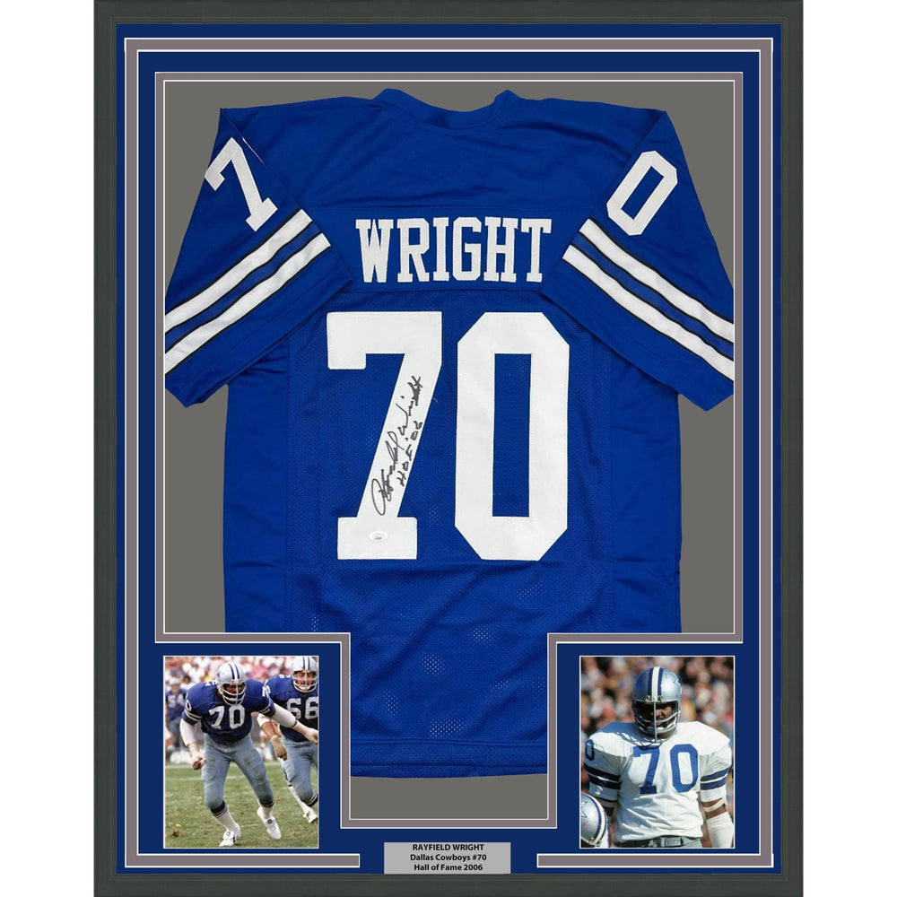 Framed Autographed/Signed Rayfield Wright 35x39 HOF 06 Dallas Blue Football Jersey JSA COA