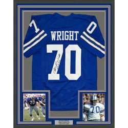 Framed Autographed/Signed Rayfield Wright 35x39 HOF 06 Dallas Blue Football Jersey JSA COA
