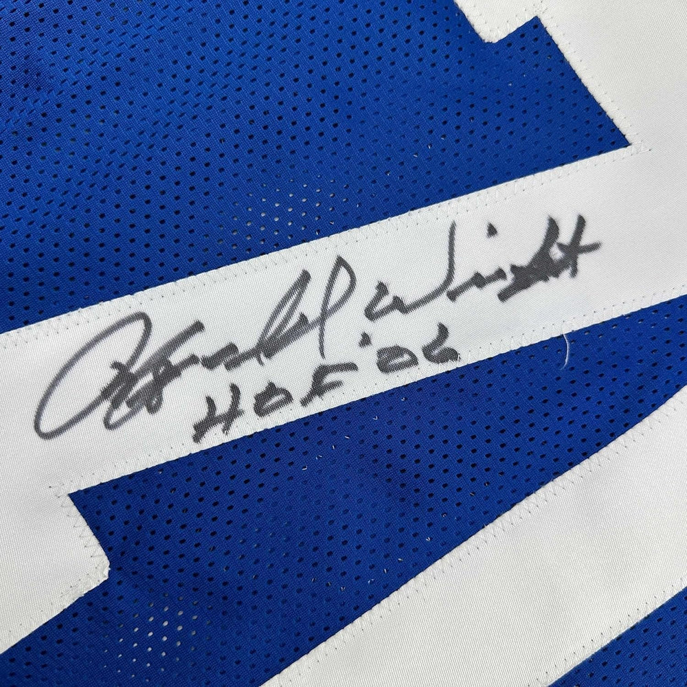 Framed Autographed/Signed Rayfield Wright 35x39 HOF 06 Dallas Blue Football Jersey JSA COA