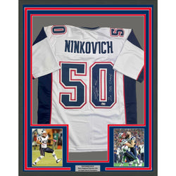 Framed Autographed/Signed Rob Ninkovich "2x SB Champ" 35x39 New England White Football Jersey Beckett BAS COA