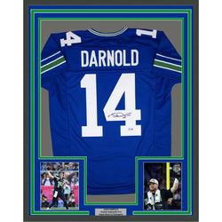 Framed Autographed/Signed Sam Darnold 35x39 Seattle Blue Retro Football Jersey Beckett BAS COA