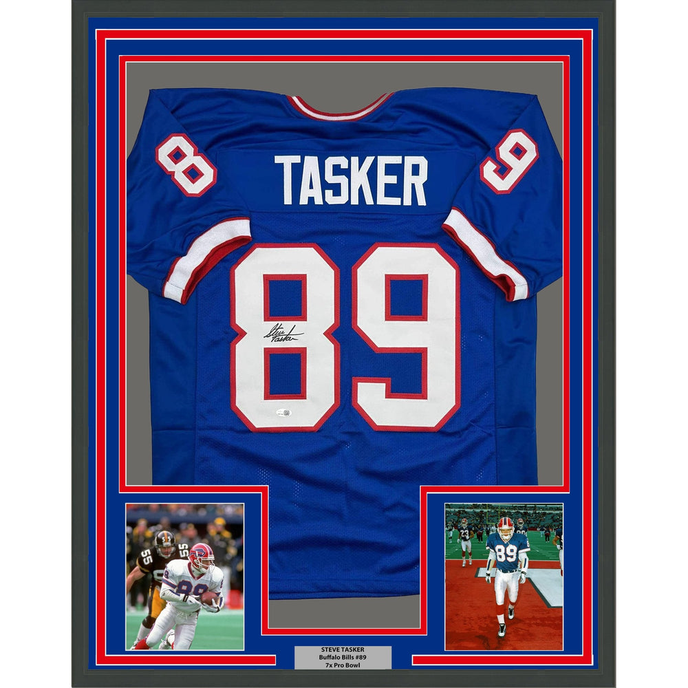 Framed Autographed/Signed Steve Tasker 35x39 Buffalo Blue Football Jersey JSA COA