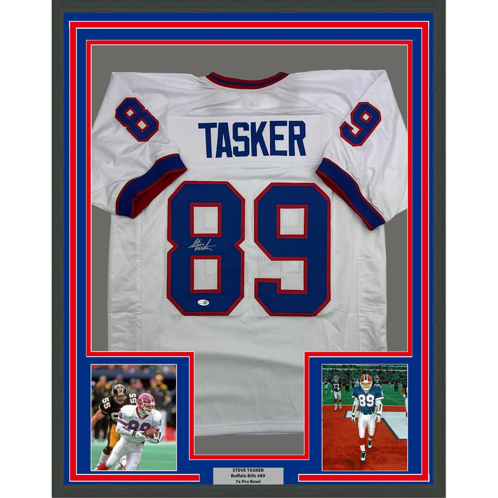 Framed Autographed/Signed Steve Tasker 35x39 Buffalo White Football Jersey JSA COA